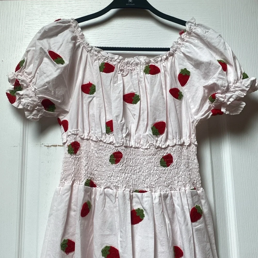 Strawberry Print Puff-Sleeve Midi Dress -M - Picture 6 of 6